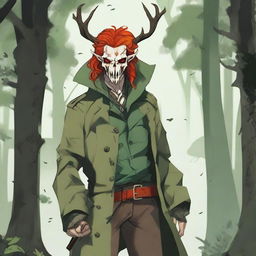 A high-quality digital art image features a character with striking red hair, wearing a deer skull on their head