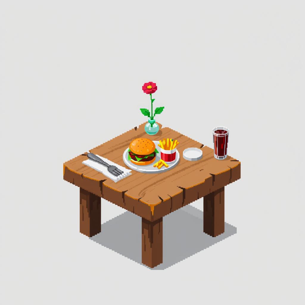 A pixel art platform designed as a restaurant table, portrayed without any background