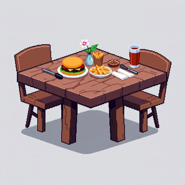 A pixel art platform designed as a restaurant table, portrayed without any background