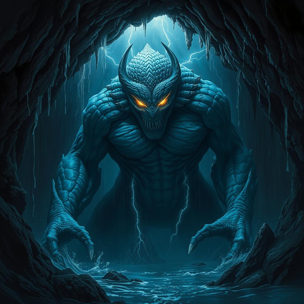 An imposing, evil storm giant lurking in a dark, underwater cave