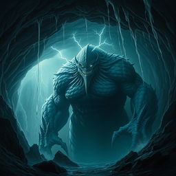 An imposing, evil storm giant lurking in a dark, underwater cave
