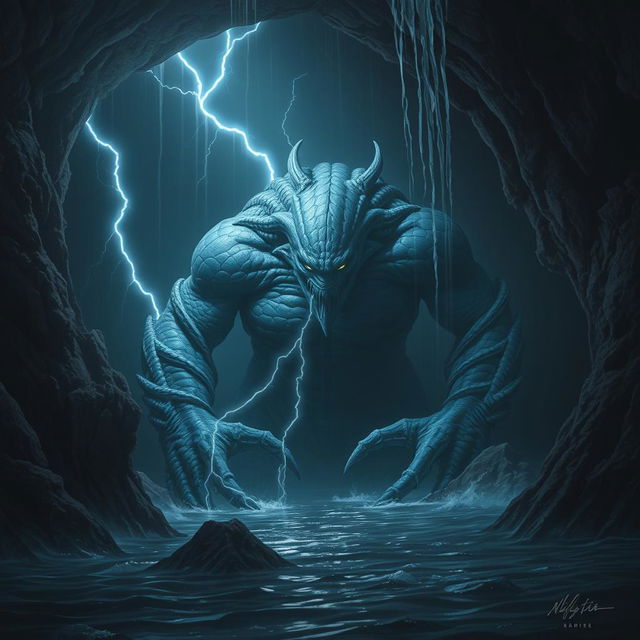 An imposing, evil storm giant lurking in a dark, underwater cave