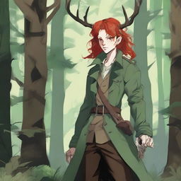 A high-quality digital art image features a character with striking red hair, wearing a deer skull on their head