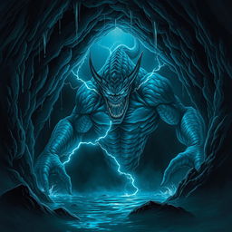 An imposing, evil storm giant lurking in a dark, underwater cave