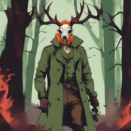 A digital art image of high quality presents a male character with fiery red hair, a deer skull perched on his head