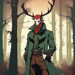 A digital art image of high quality presents a male character with fiery red hair, a deer skull perched on his head