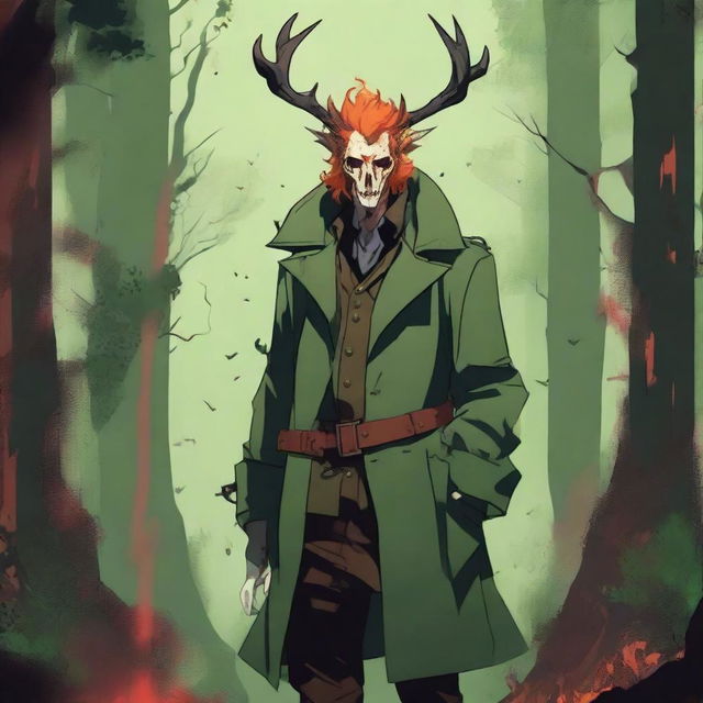 A digital art image of high quality presents a male character with fiery red hair, a deer skull perched on his head