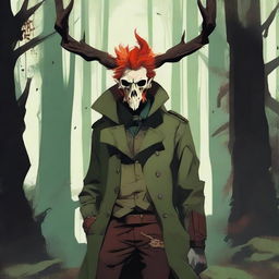 A digital art image of high quality presents a male character with fiery red hair, a deer skull perched on his head