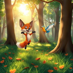 A playful scene of a fox and a bird interacting in a vibrant forest setting