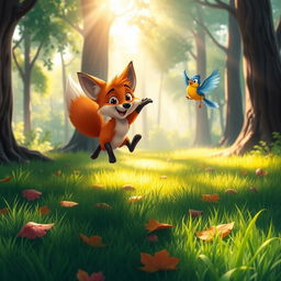 A playful scene of a fox and a bird interacting in a vibrant forest setting