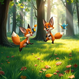 A playful scene of a fox and a bird interacting in a vibrant forest setting