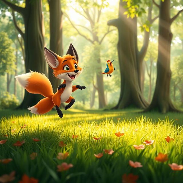 A playful scene of a fox and a bird interacting in a vibrant forest setting