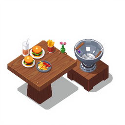 A pixel art platform designed as a restaurant table without any background, featuring a bacía (a traditional basin) next to the table