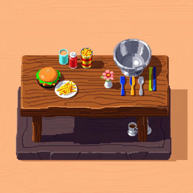 A pixel art platform designed as a restaurant table without any background, featuring a bacía (a traditional basin) next to the table