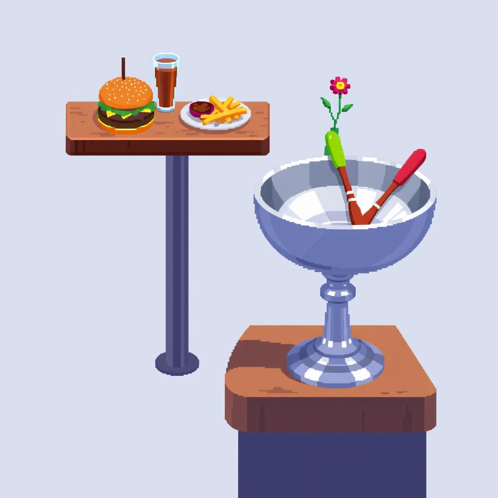 A pixel art platform designed as a restaurant table without any background, featuring a bacía (a traditional basin) next to the table