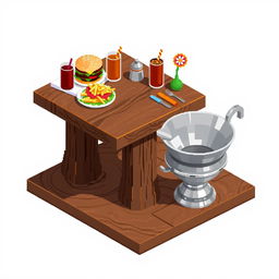 A pixel art platform designed as a restaurant table without any background, featuring a bacía (a traditional basin) next to the table