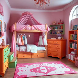 A dreamy and colorful bedroom for a girl named Sara, featuring a cozy bunk bed with soft steps in one corner, adorned with a delicate and lovely pink canopy around it