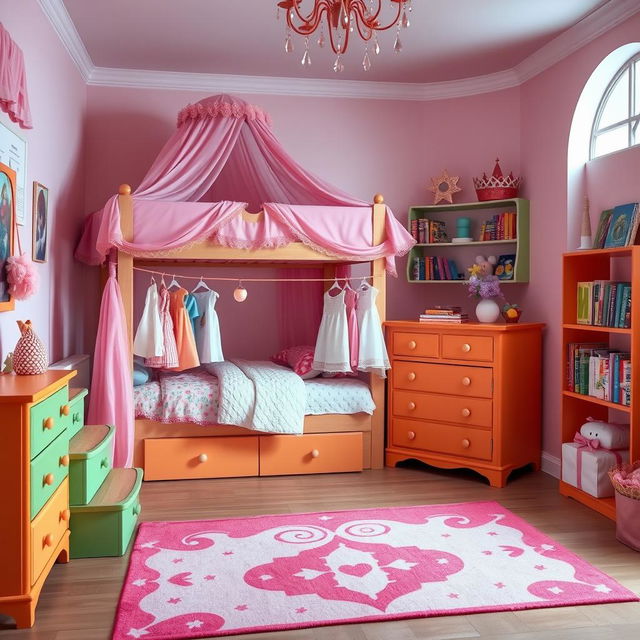 A dreamy and colorful bedroom for a girl named Sara, featuring a cozy bunk bed with soft steps in one corner, adorned with a delicate and lovely pink canopy around it