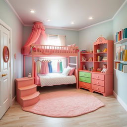 A dreamy and colorful bedroom for a girl named Sara, featuring a cozy bunk bed with soft steps in one corner, adorned with a delicate and lovely pink canopy around it