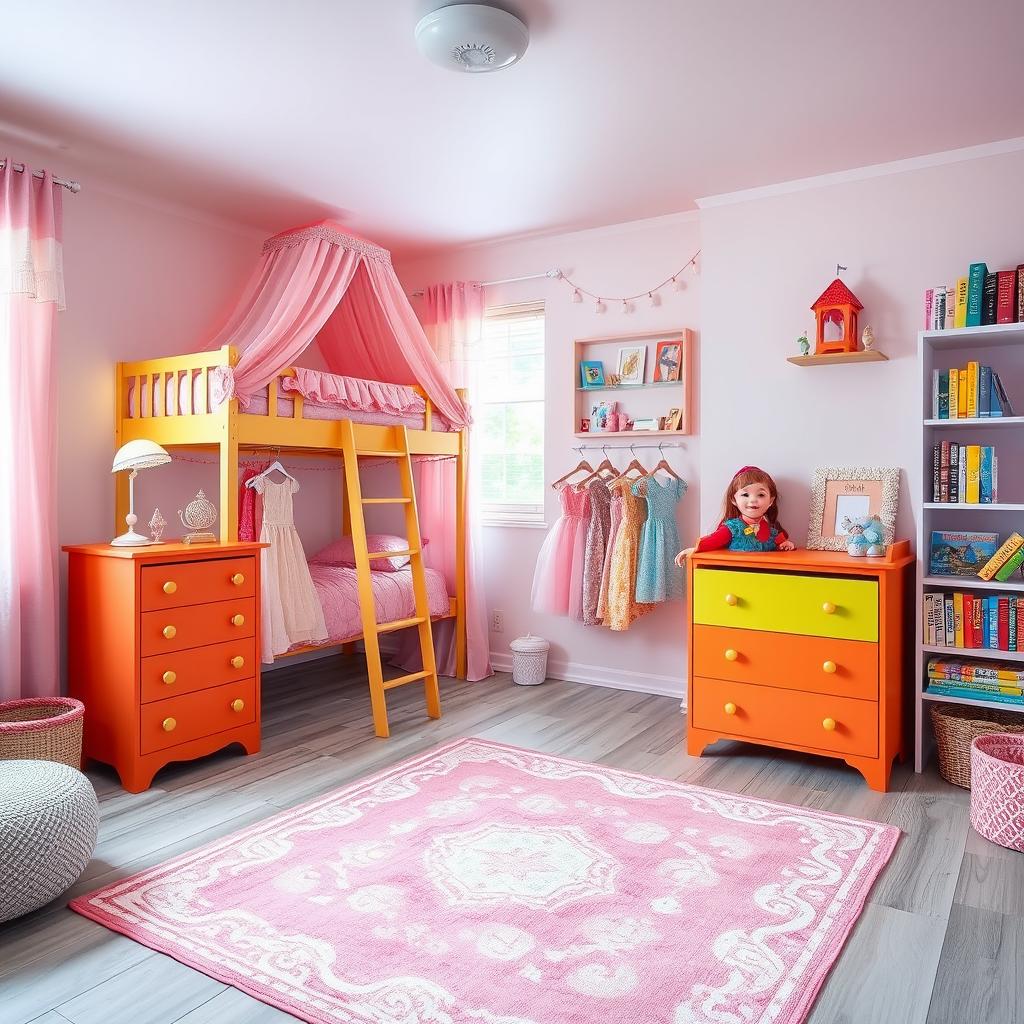 A dreamy and colorful bedroom for a girl named Sara, featuring a cozy bunk bed with soft steps in one corner, adorned with a delicate and lovely pink canopy around it