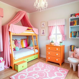 A dreamy and colorful bedroom for a girl named Sara, featuring a cozy bunk bed with soft steps in one corner, adorned with a delicate and lovely pink canopy around it