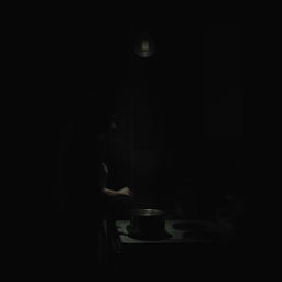 A dark, shadow-filled kitchen illuminated by minimal light from a single hanging bulb