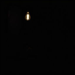 A dark, shadow-filled kitchen illuminated by minimal light from a single hanging bulb