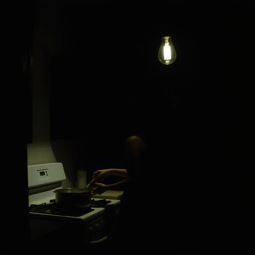 A dark, shadow-filled kitchen illuminated by minimal light from a single hanging bulb