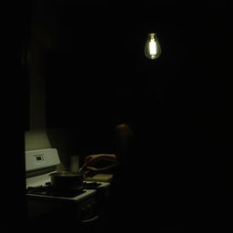 A dark, shadow-filled kitchen illuminated by minimal light from a single hanging bulb