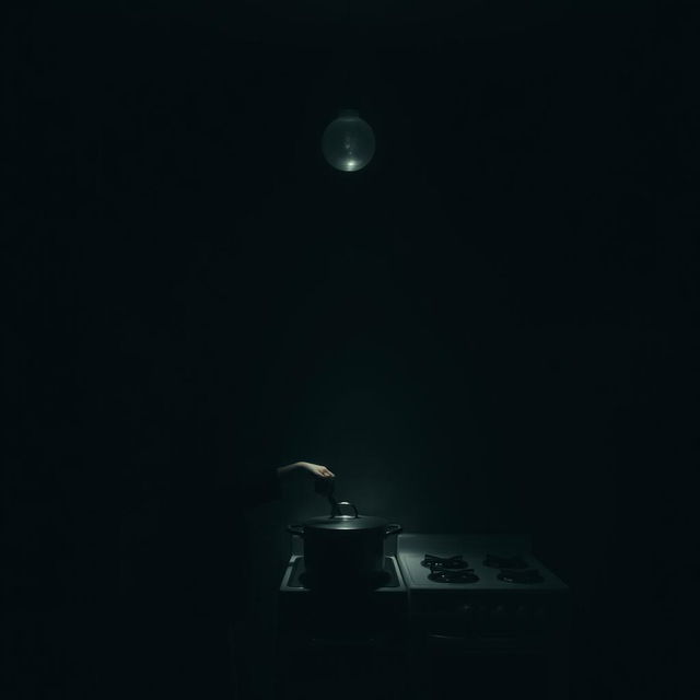 A dark, shadow-filled kitchen illuminated by minimal light from a single hanging bulb