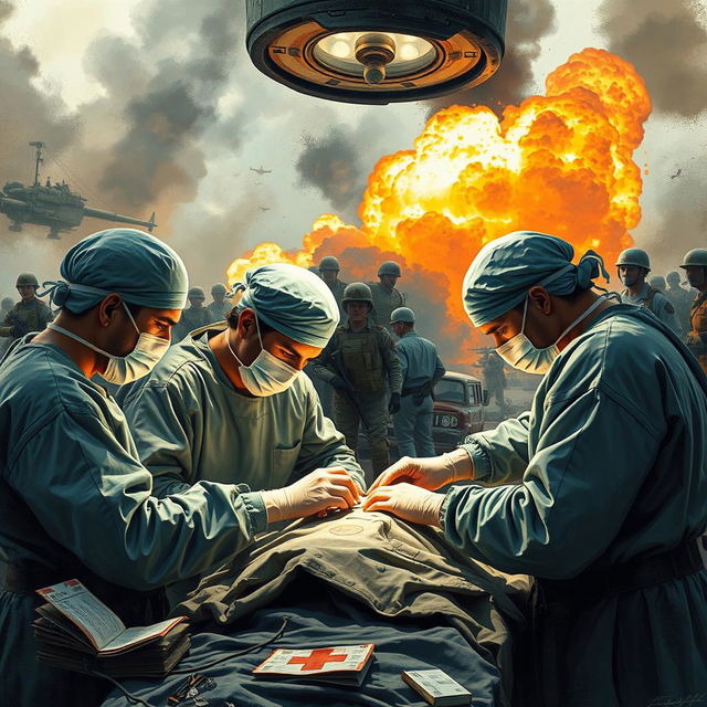 Surgeons operating in the midst of a war zone, amidst a chaotic battlefield scene