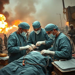 Surgeons operating in the midst of a war zone, amidst a chaotic battlefield scene
