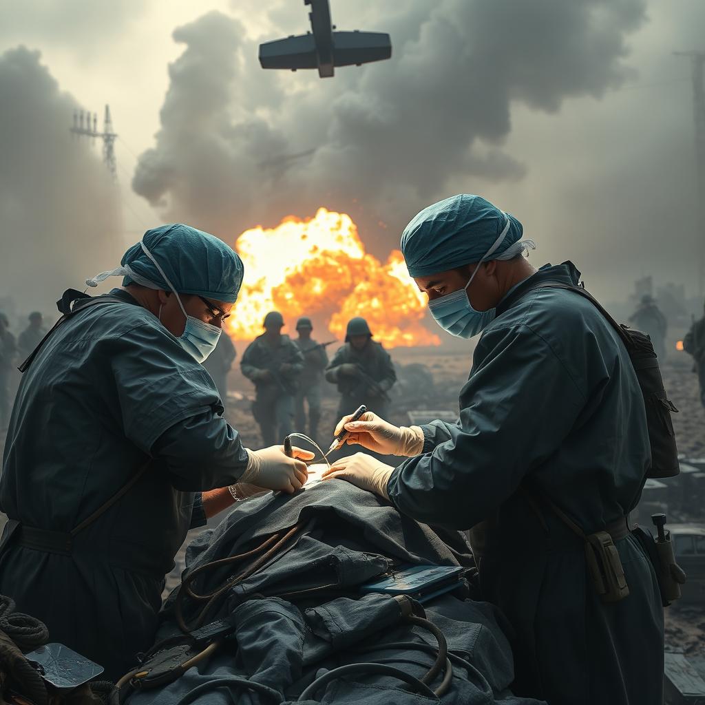 Surgeons operating in the midst of a war zone, amidst a chaotic battlefield scene