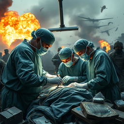 Surgeons operating in the midst of a war zone, amidst a chaotic battlefield scene