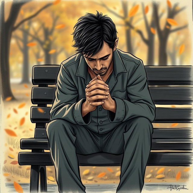 A poignant drawing of a distraught man sitting alone on a park bench, with his head bowed and hands clasped together