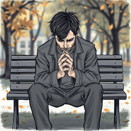 A poignant drawing of a distraught man sitting alone on a park bench, with his head bowed and hands clasped together