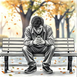 A poignant drawing of a distraught man sitting alone on a park bench, with his head bowed and hands clasped together