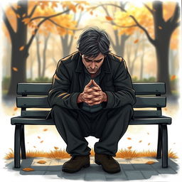 A poignant drawing of a distraught man sitting alone on a park bench, with his head bowed and hands clasped together