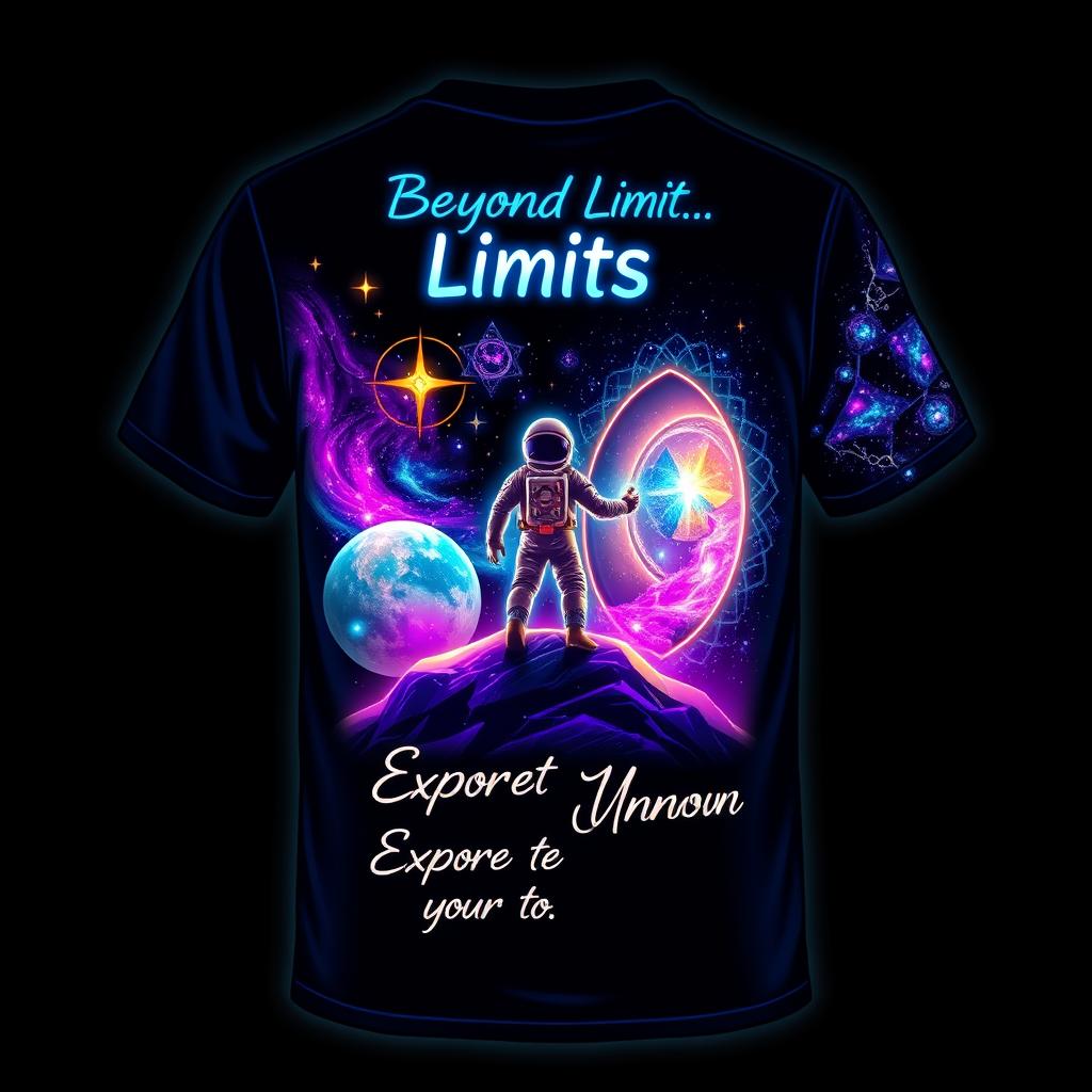 A stunning t-shirt design featuring a front design of a deep navy-to-black gradient background adorned with sparkling stars