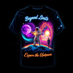 A stunning t-shirt design featuring a front design of a deep navy-to-black gradient background adorned with sparkling stars