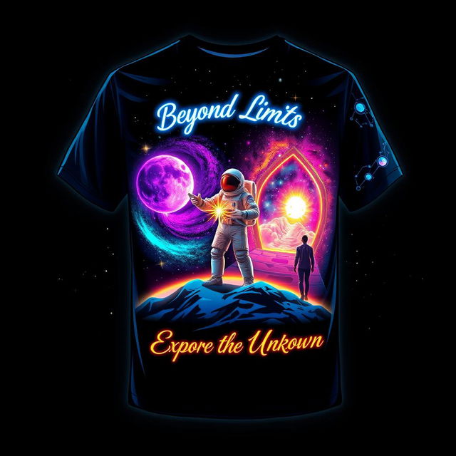 A stunning t-shirt design featuring a front design of a deep navy-to-black gradient background adorned with sparkling stars