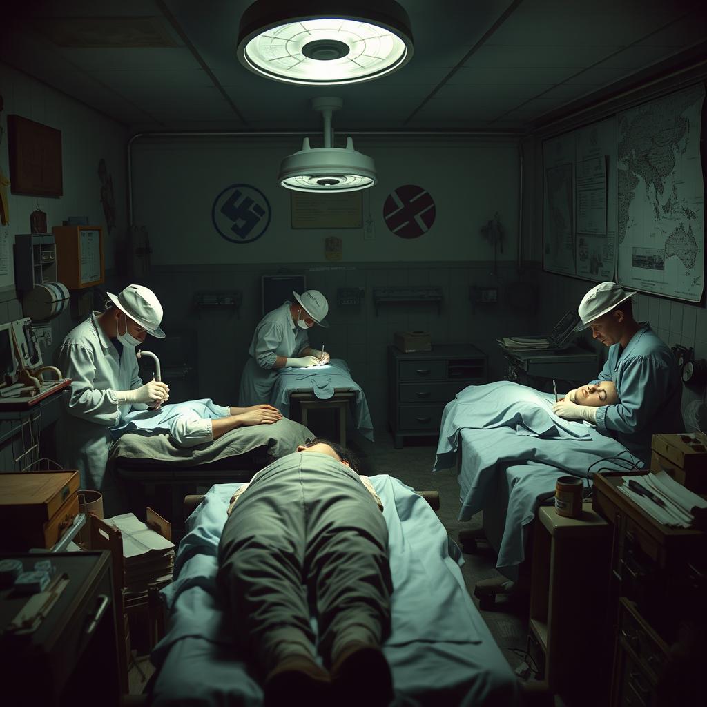 A dramatic scene of surgeons operating in a makeshift wartime hospital during World War II