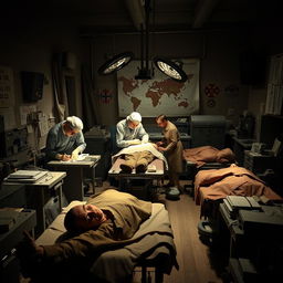 A dramatic scene of surgeons operating in a makeshift wartime hospital during World War II
