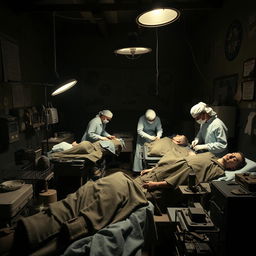 A dramatic scene of surgeons operating in a makeshift wartime hospital during World War II