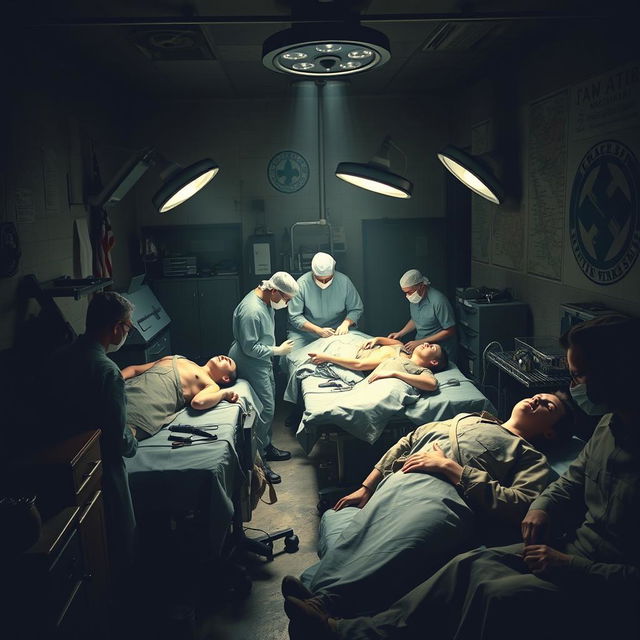 A dramatic scene of surgeons operating in a makeshift wartime hospital during World War II