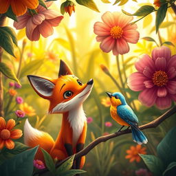 A whimsical and vibrant scene featuring a fox and a bird in a lush, colorful forest