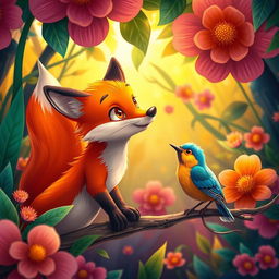 A whimsical and vibrant scene featuring a fox and a bird in a lush, colorful forest