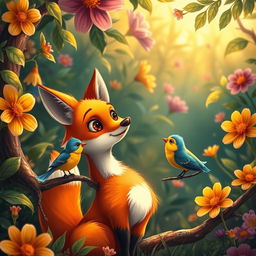 A whimsical and vibrant scene featuring a fox and a bird in a lush, colorful forest