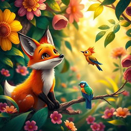 A whimsical and vibrant scene featuring a fox and a bird in a lush, colorful forest