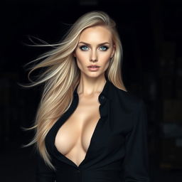A stunning blond woman with flowing, vibrant blond hair and captivating blue eyes, wearing a stylish black unbuttoned blouse that reveals deep cleavage